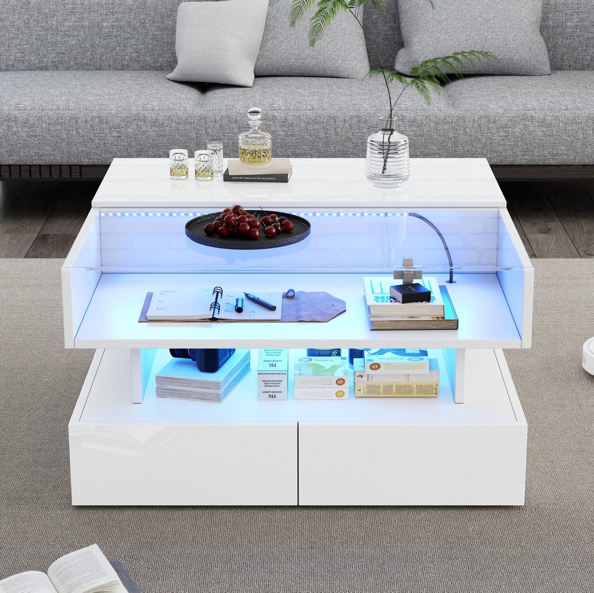 HAUSS SPOLE Salontafel - Hoogteverstelbaar Met Verborgen Opbergruimte En LED - Voor Woonkamer - Spaanplaat En Glas - 80x80x45 Cm - Wit