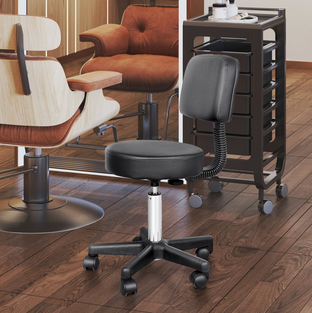 MEUNIQ bureaukruk met rugleuning en wielen, verstelbare zithoogte 43-55 cm, kunstleer werkkruk voor kantoor, salon of thuiswerkplek, zwart