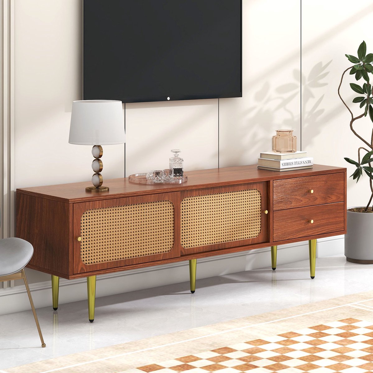 HAUSS SPOLE Dressoir - TV Meubel Met 2 Lades En 2 Schuifdeuren - Verstelbare Planken Voor Woonkamer - MDF - 160x40x60 Cm - Walnootkleur