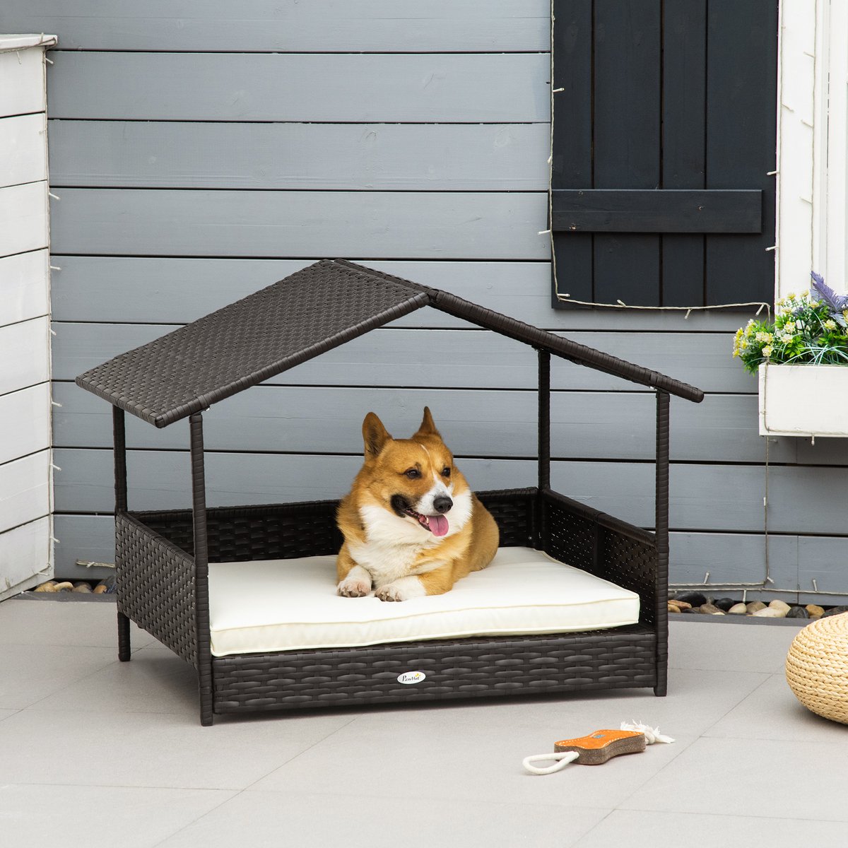 MIVRAY Dierenhuis - Verhoogd Hondenhuis Met Kussen - 98 x 69 x 73 cm - Rattan - Bruin - Voor Tuin, Terras En Balkon