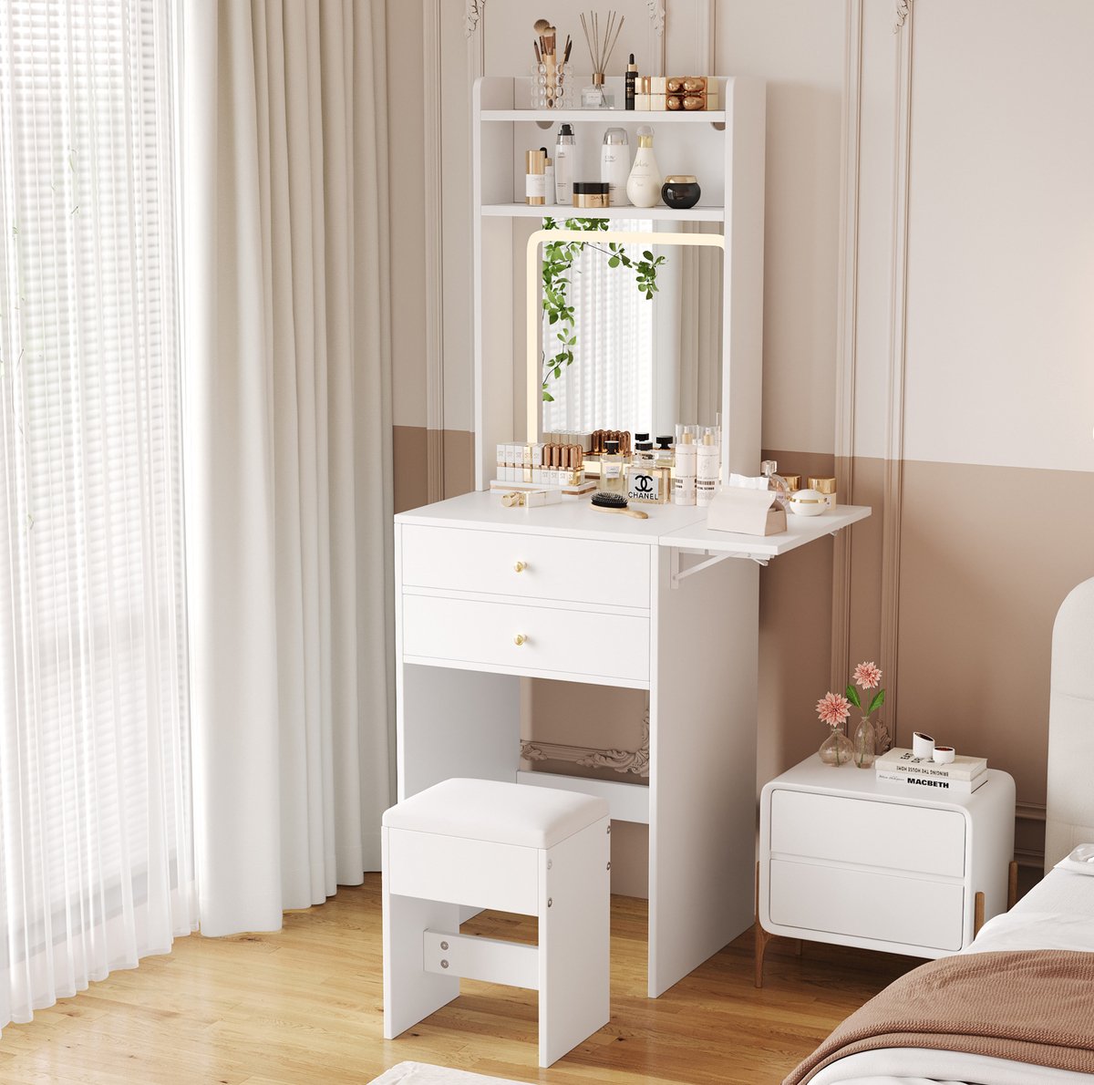 HAUSS SPOLE Kaptafel - Opklapbaar Met Dimbare Driekleurige Ledverlichting En 2 Lades - Voor Kleine Ruimtes - MDF - 75x45x156 Cm - Wit