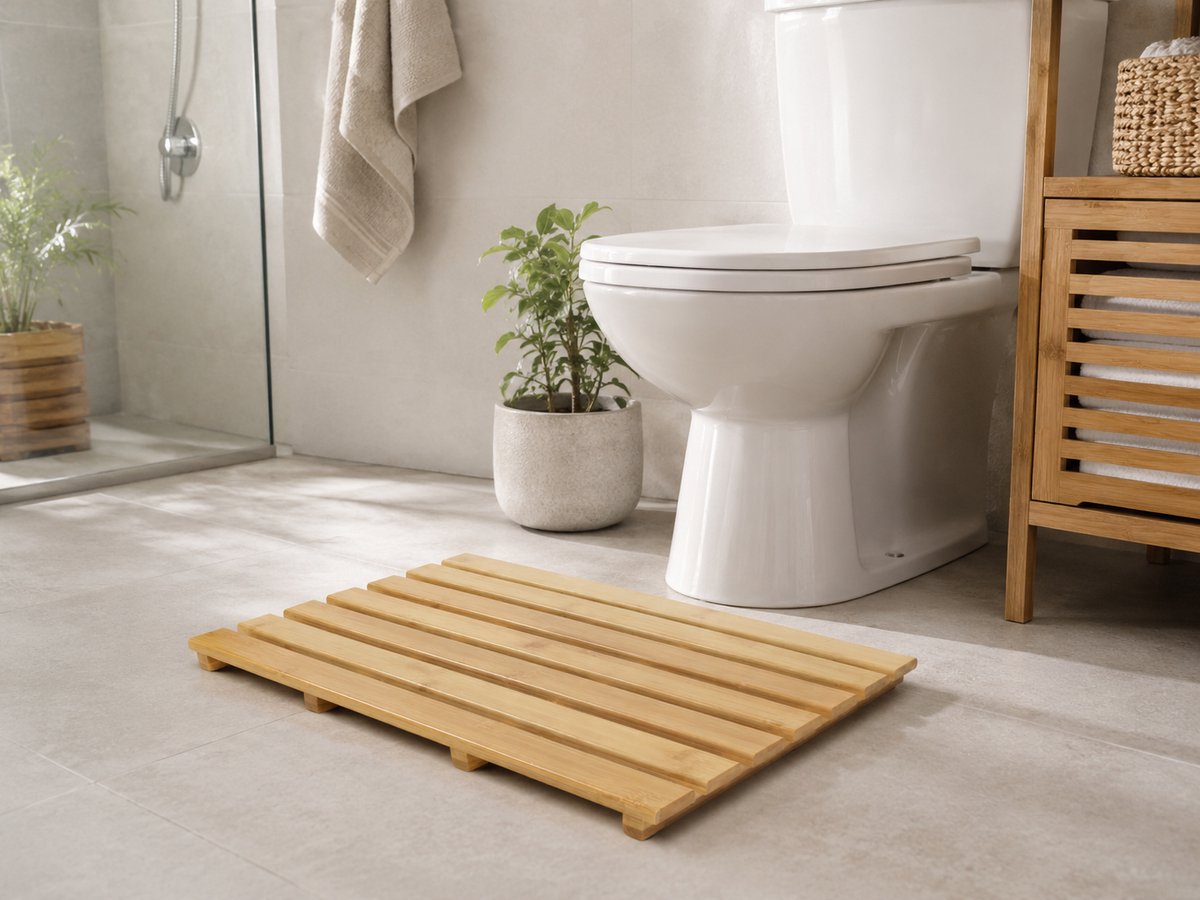 MPLCo - Bamboe Badmat - Antislip Badkamer Mat - Houten Badmat voor Douche & Bad - Waterbestendig - Met Antislip Voetjes - 55 x 35.5 x 2.5 cm - Naturel — cadeau in Wonen & Interieur - foto 3
