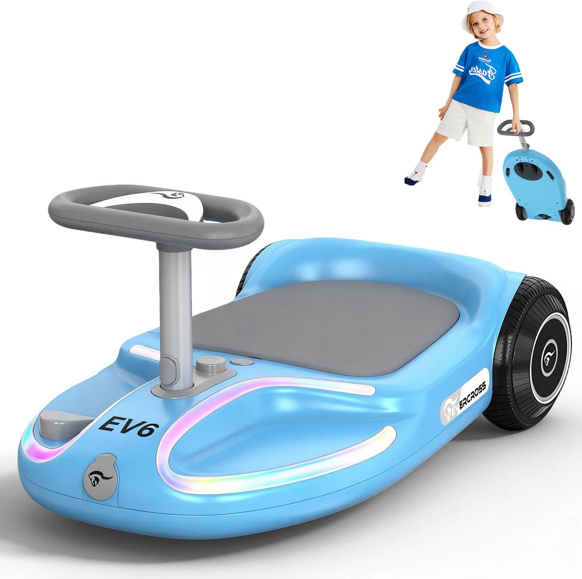 EVERCROSS Elektrische Wiggle Car voor Kinderen - 4-in-1 Loopauto met Pedaal, 90W Motor, 3 Snelheden, 360° Besturing, LED Verlichting & Bluetooth, Opvouwbaar