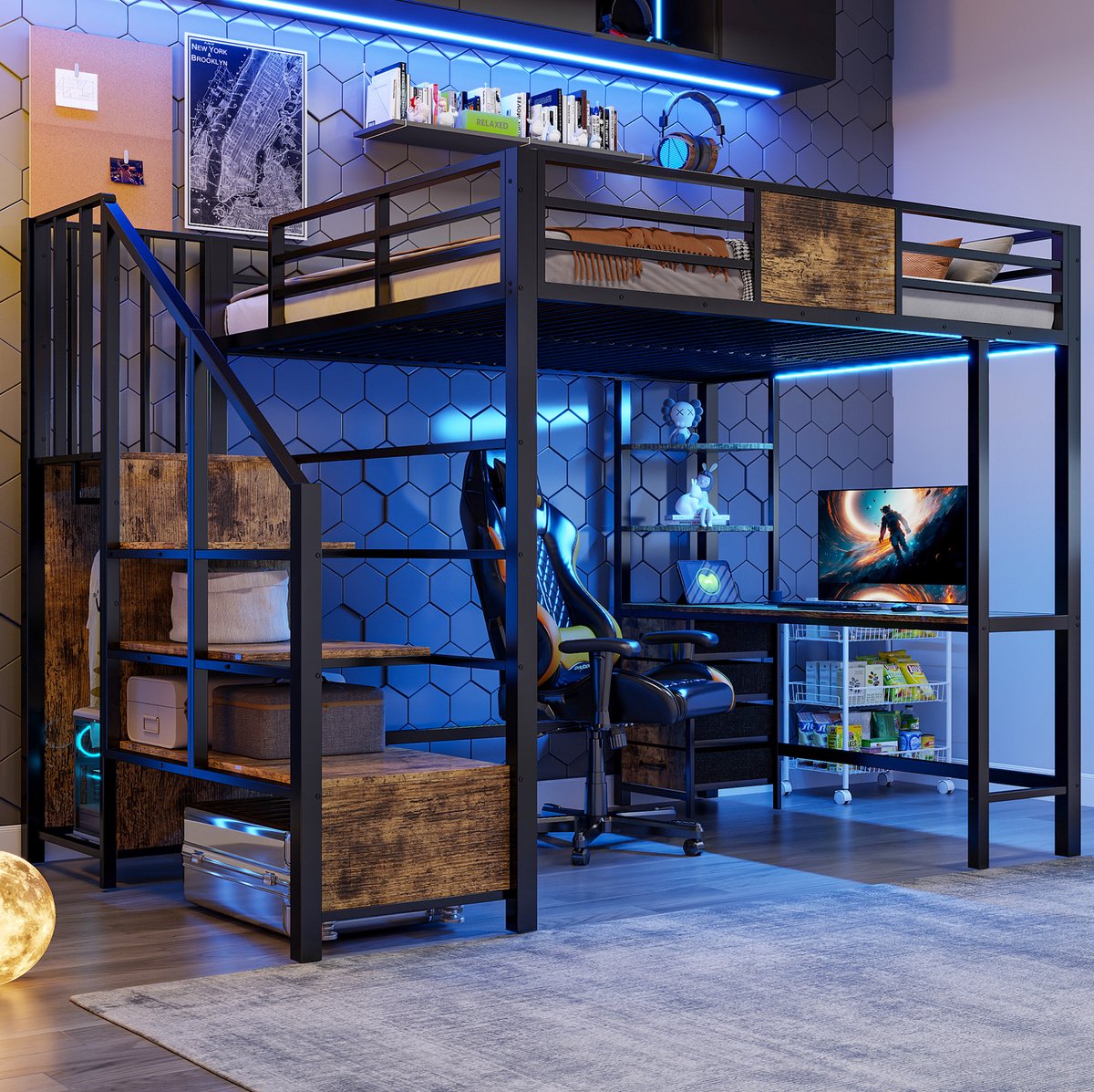 MIVRAY Hoogslaper 140x200 cm - Met Bureau, Opbergvakken, Kledingstang, Ledverlichting en Stopcontact - Zonder Matras - Metaal en MDF - Zwart