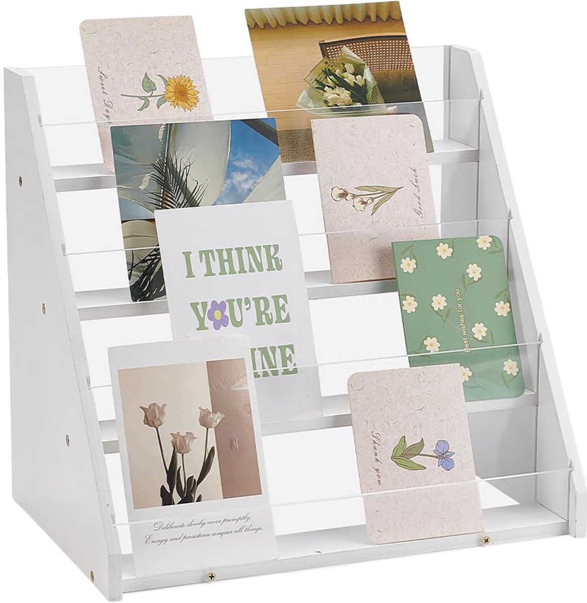 over 4-Tier Wenskaart Display Stands Bamboe Acryl Vitrine Draagbare Sticker Display Stand Ansichtkaart Rack Wit Teller Retail Display Rack voor Bookmark Counter Tafelblad