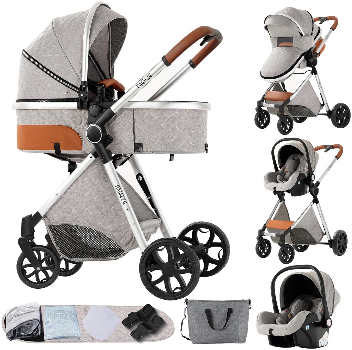 Brandistry - 3 in 1 kinderwagen - Kinderwagen - Maxi Cosi - Wandelwagen - Lichtgewicht - Incl. Regenhoes - Inklapbaar - Licht Grijs