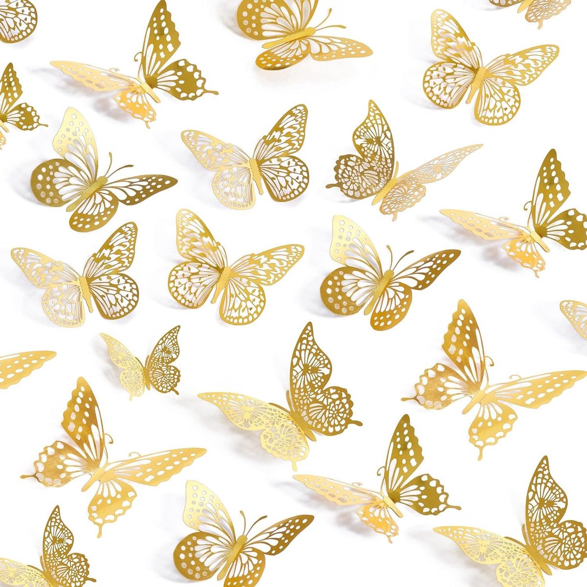 3D-vlinders, gouden metallic decoratie, 48 stuks, 4 stijlen, 3 maten, gouden vlinderdecoraties voor verjaardag en feesten, goud