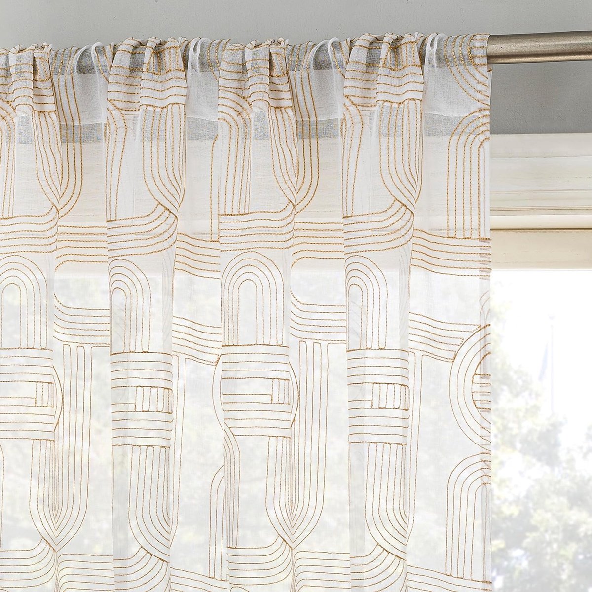 918 Kaz Geborduurde Retro Curves Sheer Rod Pocket Gordijnpaneel, 127 x 160 cm, Champagne
