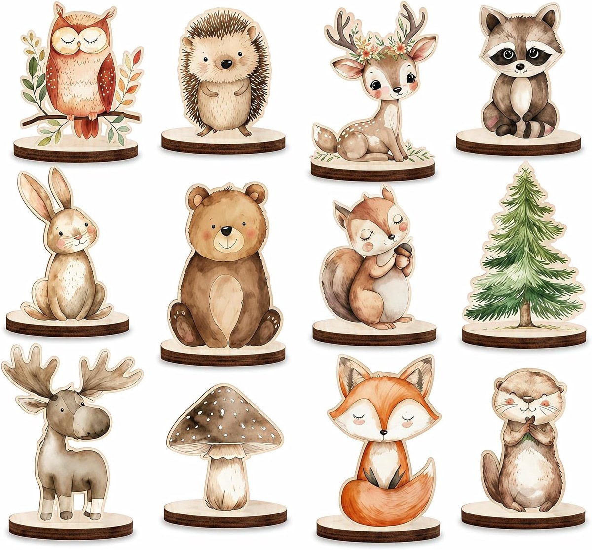 12 stuks houten bosdieren decoratie-ornamenten, bosdieren tafeldecoratie voor babyshower, verjaardag, bosfeest & woondecoratie