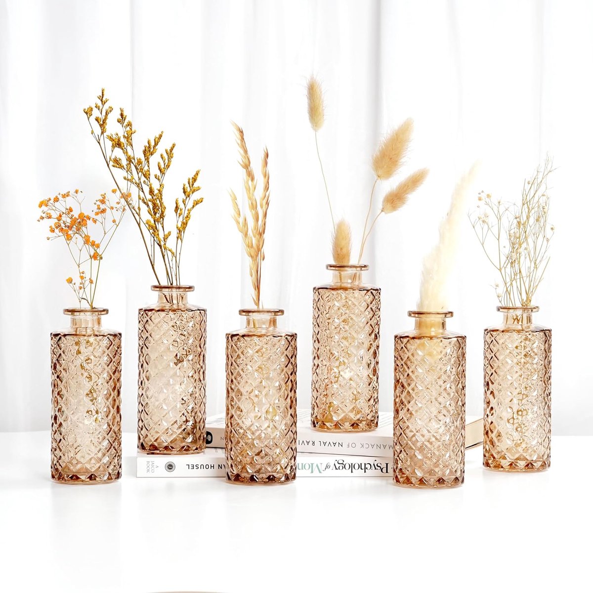 Vazen (6 Pak) - Knoppenvazen in Bulk - Glazen Vazen voor Bloemen, Pampus Gras - Opliggend Design Rustieke Vintage Vazen voor Tafeldecoraties, Bruiloft Kopstuk