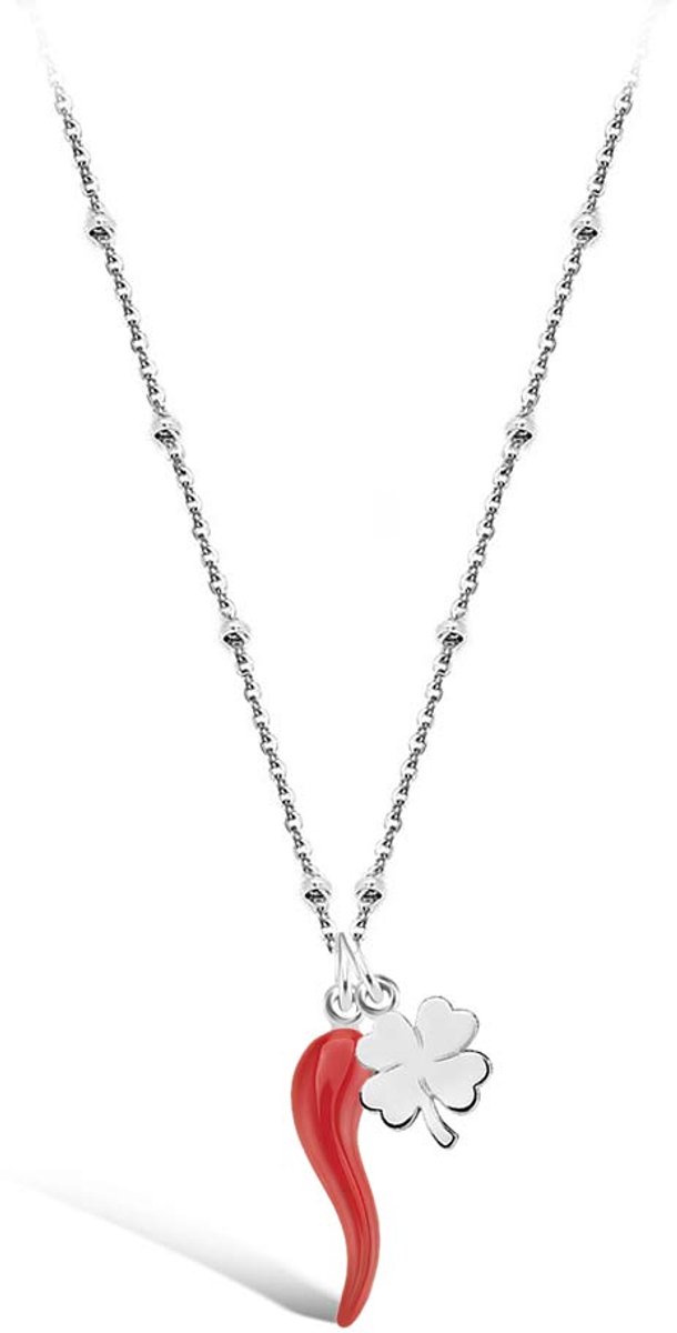 Halsketting voor dames, Sieraden Kettingen, met bolletjes van hoogwaardig staal, met hoorn, rood klaverblad, geluksbrenger, geschenkdoos