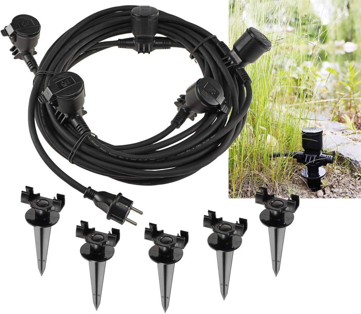 Rubberen kabel, 5-voudig buitenstopcontact met deksel, IP44-stroomverdeler, stopcontact afstand 2,5 m, meervoudig stopcontact voor buiten, tuin, bloembed, zwart