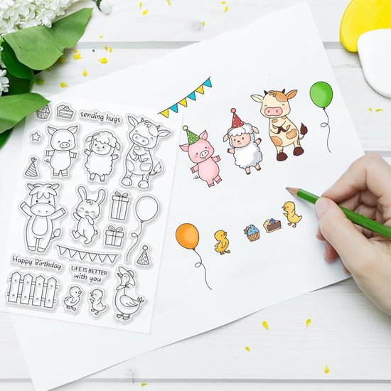 Farm Animal Clear Stamps en Dies Set Rundvee Konijn Transparante Silicone Stempels Dierlijke Vorm Happy Birthday Snijmal voor Kaart Maken DIY Handwerk Scrapbooking Wenskaart Decor — afbeelding 2