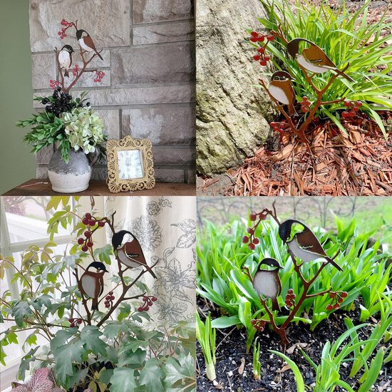 tuinsteker, 60 cm hoog, beschilderde vogel, tuindecoratie voor buiten, metalen meisen en bessen, outdoor tuinfiguren — afbeelding 5