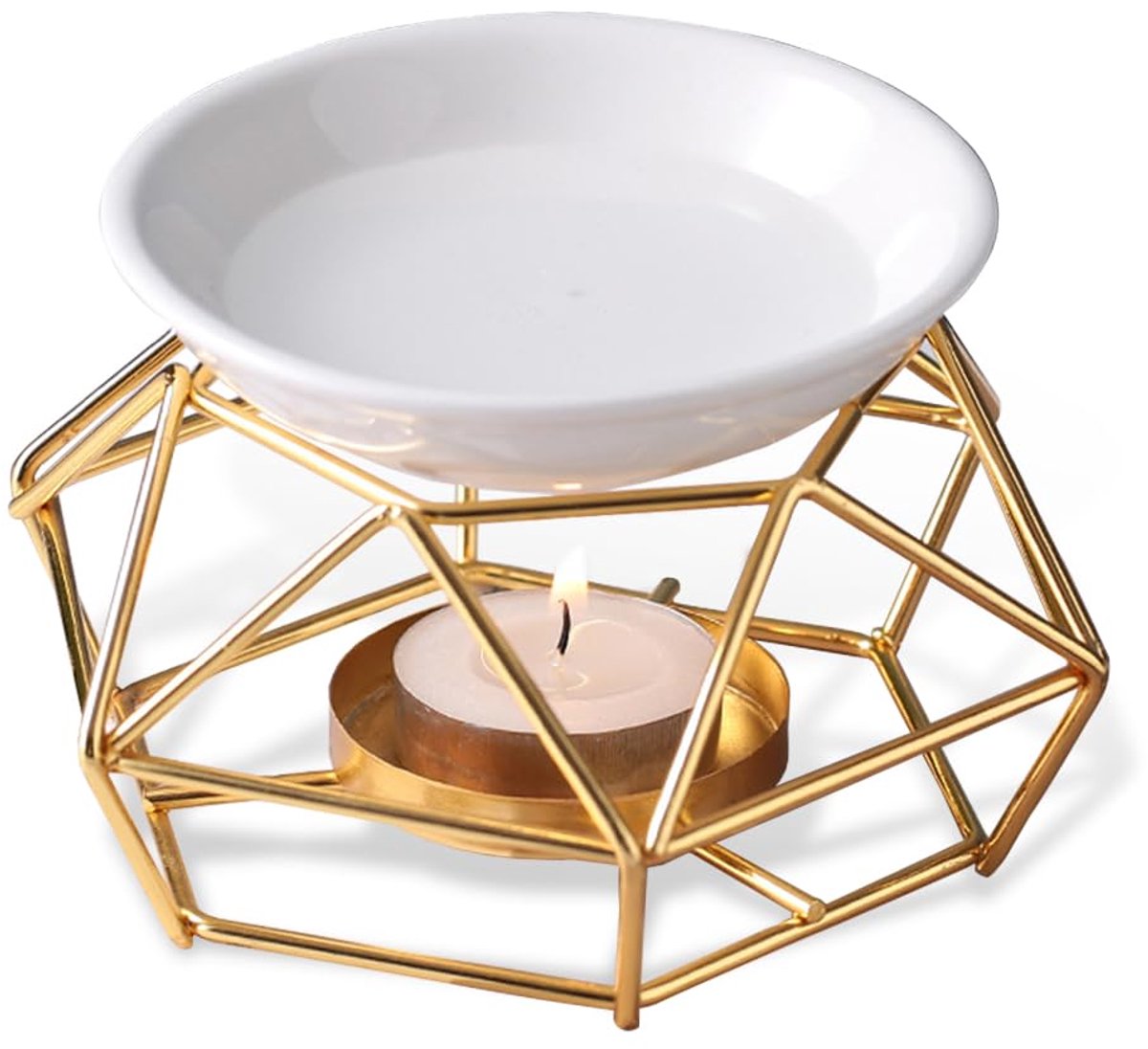Aromabrander, geurlamp van metaal en keramiek, geurbrander, romantische keramische aroma-lamp, decoratieve wax-melt-brander met keramische kom voor woonkamer, slaapkamer, hotel, goud