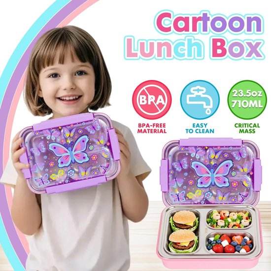 RVS Bento Lunchtrommel met 3 Compartimenten voor Kinderen - Lekvrij en BPA-vrij van rvs — afbeelding 3