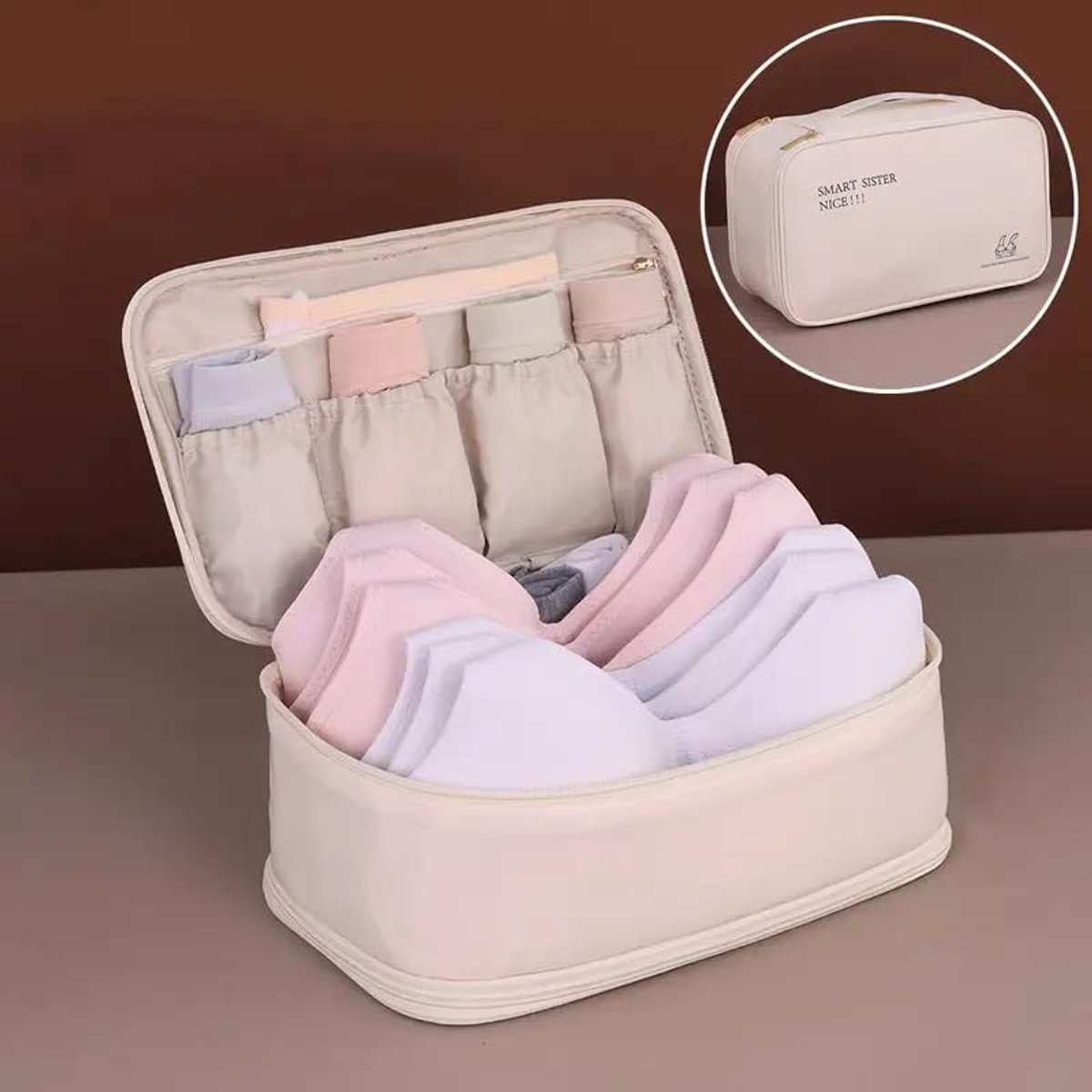 Ondergoed Organizer Reis – Dubbele Laag Lingerie Opbergtas met Rits – BH en Sokken Organizer voor Koffer en Vakantie – Opvouwbare Reis Toilettas – Beige