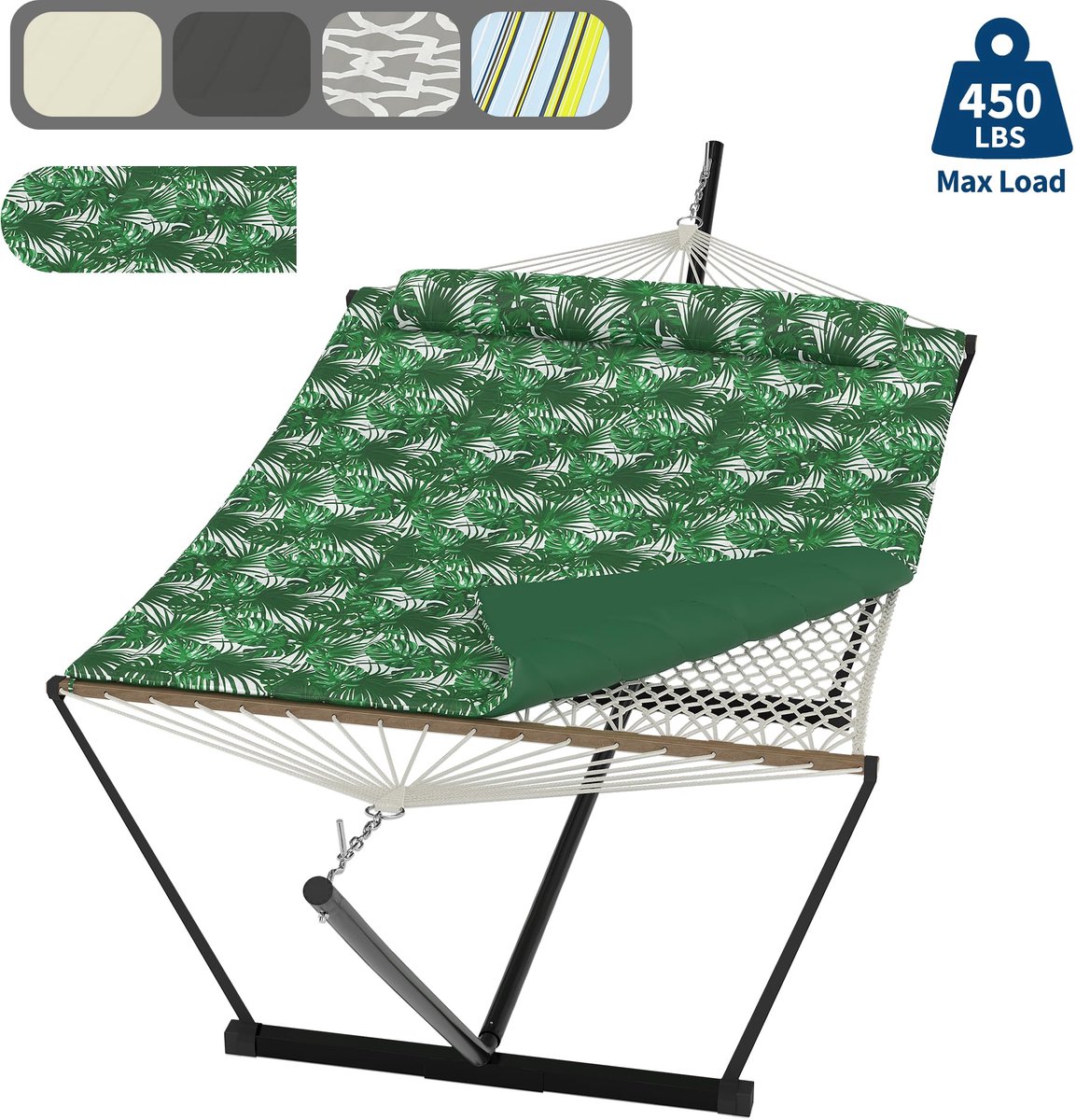 Hangmat met Spreidstok voor 2 Persoons - Stalen Standaard - Schommelbed Buiten en Binnen - Kussen - Verstelbaar - 200kg Draagvermogen - Voor Tuin Terras Strand - Groen