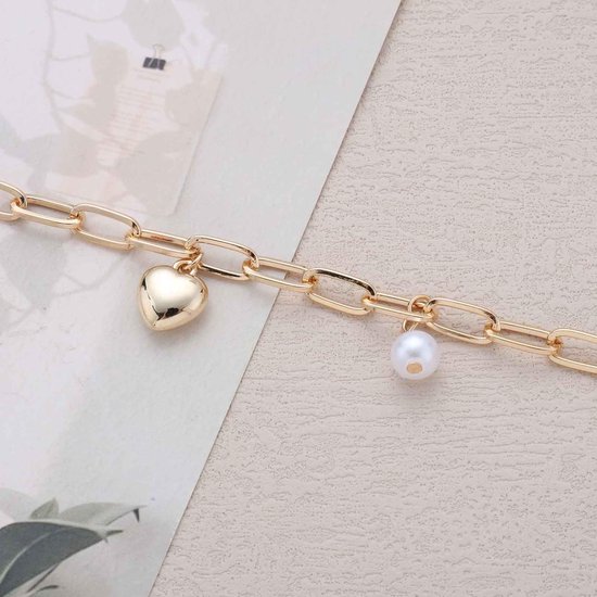 Parel Hart Goud Chunky Paperclip Ketting Poffant Armband Hanger Hart Liefde Armbanden Ronde Kralen Dangle Handketting Enkelband Sieraden Voor Vrouwen — afbeelding 4