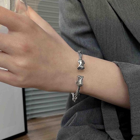 armband zilver vintage roos charme open manchet armband statement roos bloem geluk armband handketting boho hand band voor vrouwen en meisjes — afbeelding 5