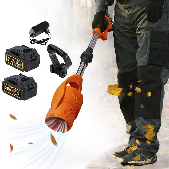 21V Draadloze Bladblazer - Uitgerust met Twee Accu's en Oplader - Lithium-ion Bladblazer - Opvouwbaar - Hoog Vermogen - Sneeuwblazer - Tuinventilator - Zwart & Oranje — afbeelding 4