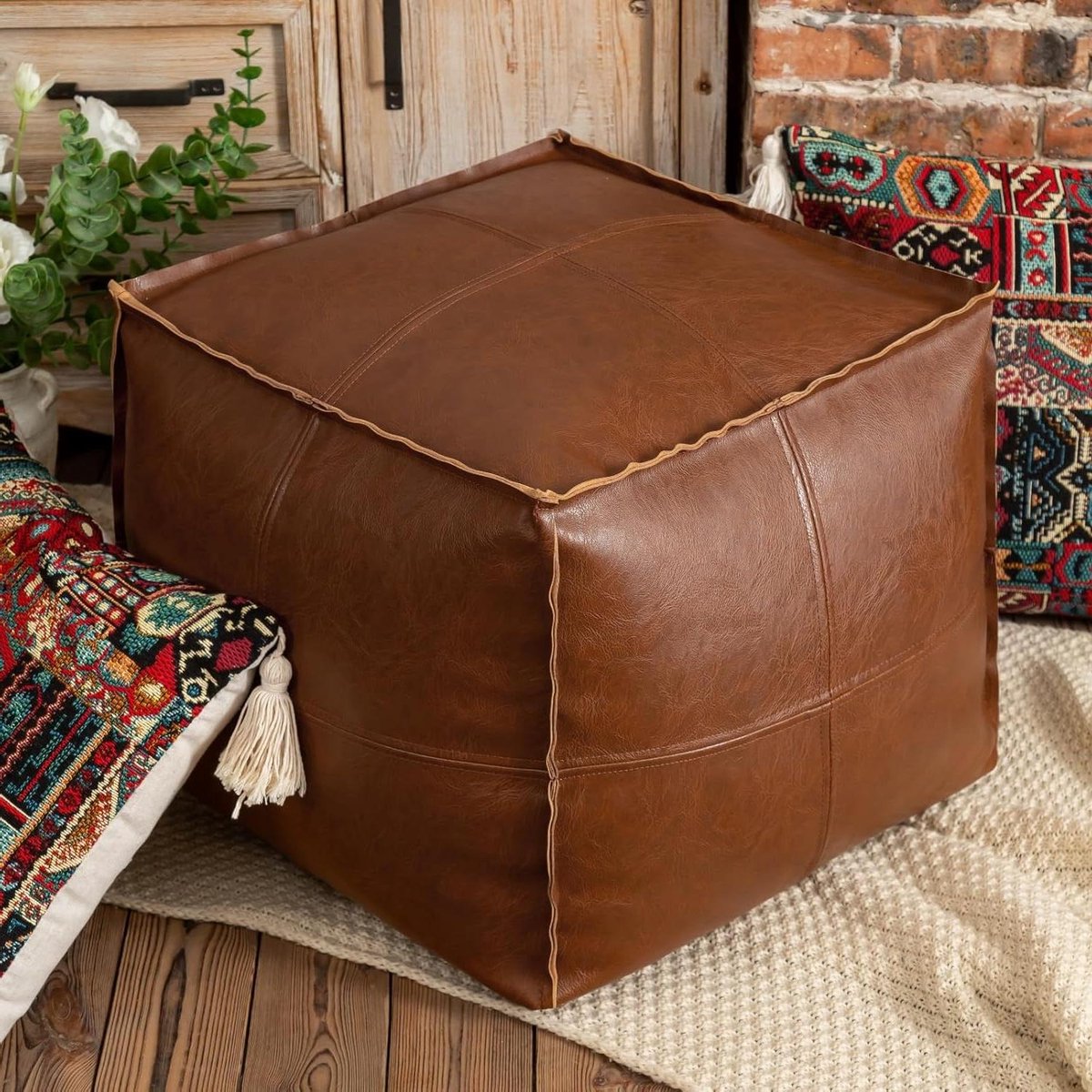 Pouf Zonder Vulling - Voetenbank Kussen - Zitcomfort Creëren - Handgemaakte Kwaliteit - 45 x 45 x 45 cm - Bruin