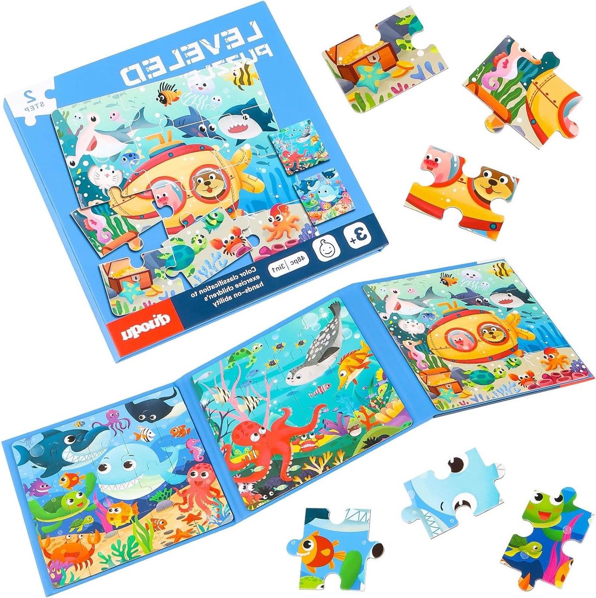 Kinderpuzzel Set - Zee Dieren Puzzel - Hersenen Trainen - 3 Moeilijkheidsgraden - 20 Stukjes - Meerkleurig