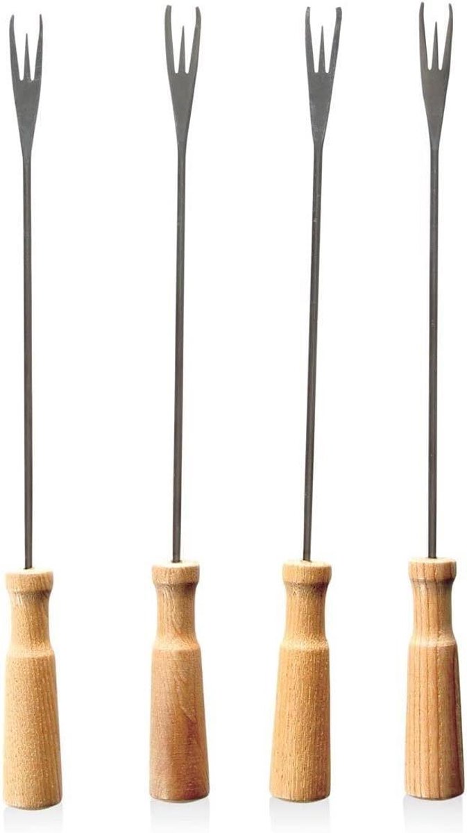 Fondue Vorken - Set van 4 - Gezellig Tafelen - Extra Grip Drie Tanden - 26.5 cm - Zilver Bruin