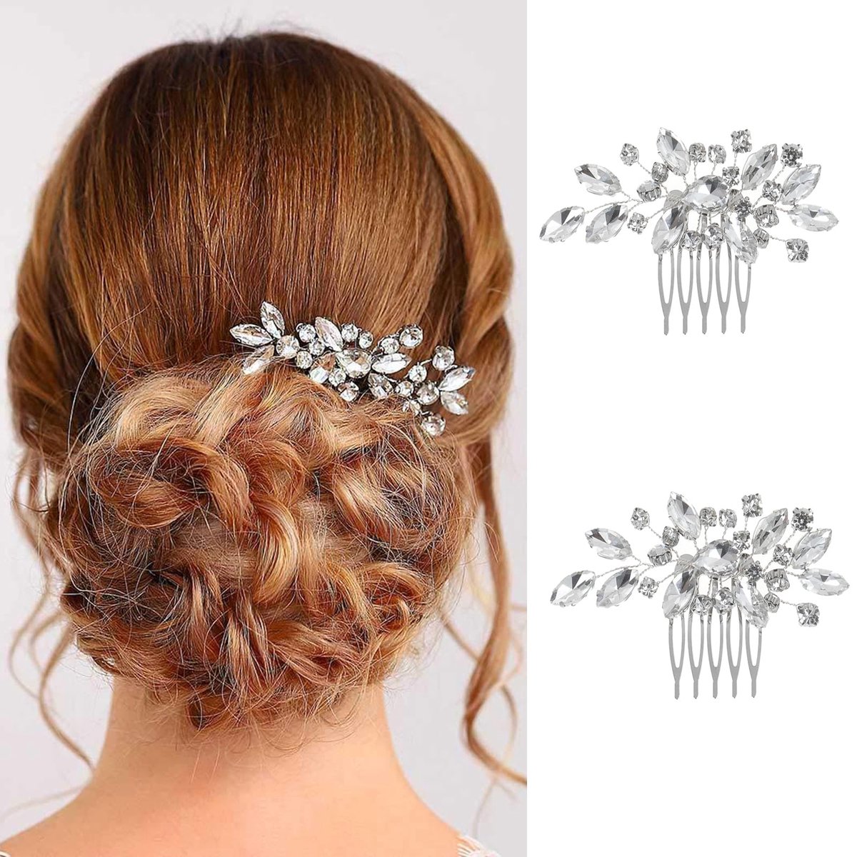 Haarkam Voor Bruid, Haarkam Set Bruiloft, Bruiloft Haarkam Decoraties, Strass Bruids Haar Stukken Voor Meisjes En Dames Voor Afstudeerceremonie Bijeenkomsten Verloving (Zilver)