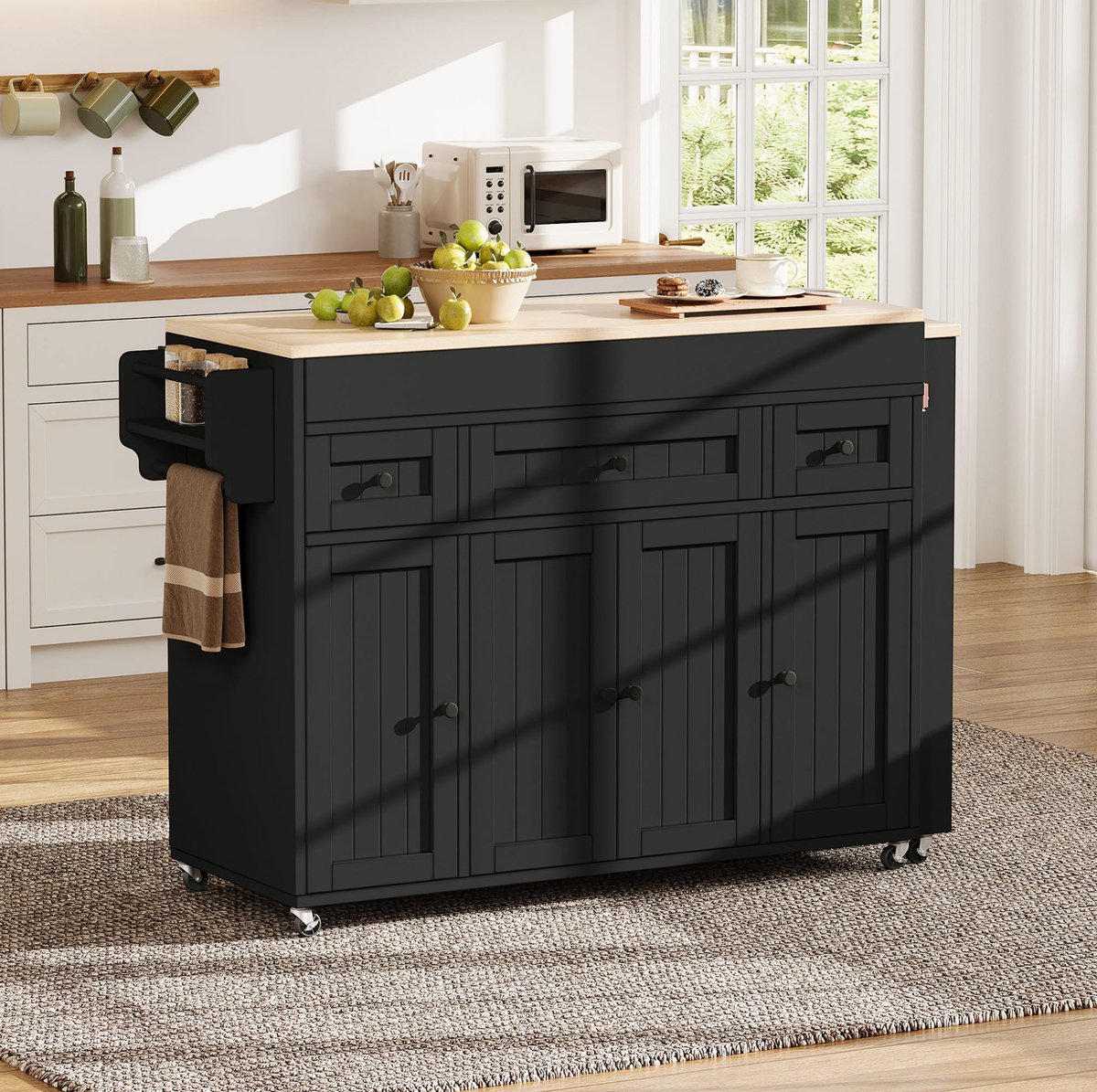 HAUSS SPOLE Keukenkast - Uitschuifbaar Keukeneiland Met Wielen En 3 Lades - Voor Keuken En Eethoek - MDF En PB - 137-190,6x45,2x92 Cm - Zwart Naturel