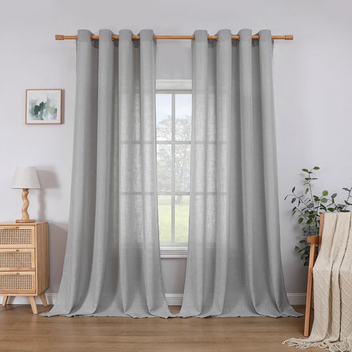 Gordijnen met oogjes, half-transparant linnen gordijn, voile raamgordijn, decoratief gordijn voor slaapkamer, kinderkamer woonkamer, H 260 x B140cm, set van 2, lichtgrijs