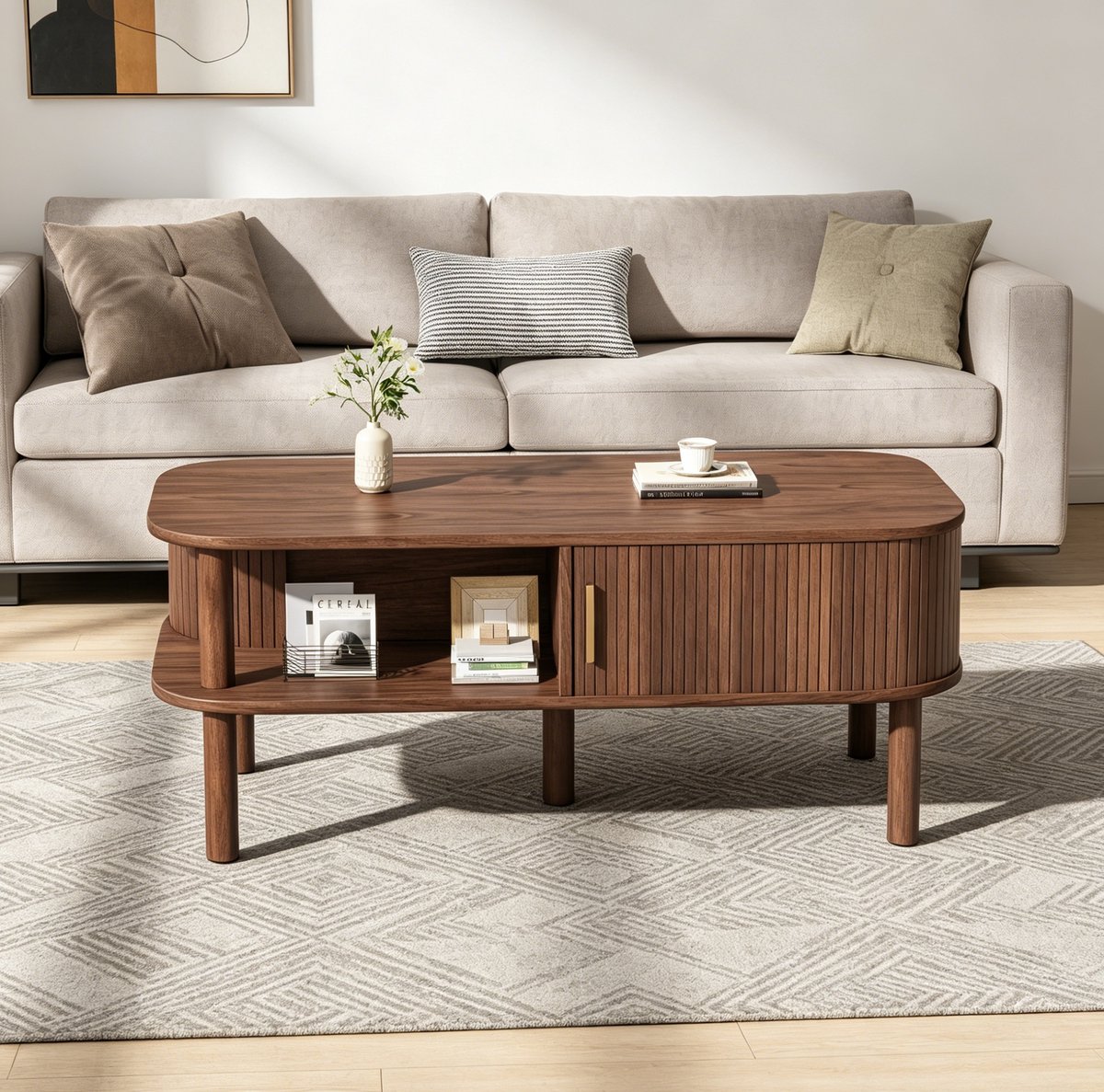 HAUSS SPOLE Salontafel - Scandinavisch Met Schuifdeur En Opbergruimte - Voor Woonkamer - MDF In Walnootkleur - 110x55x45 Cm