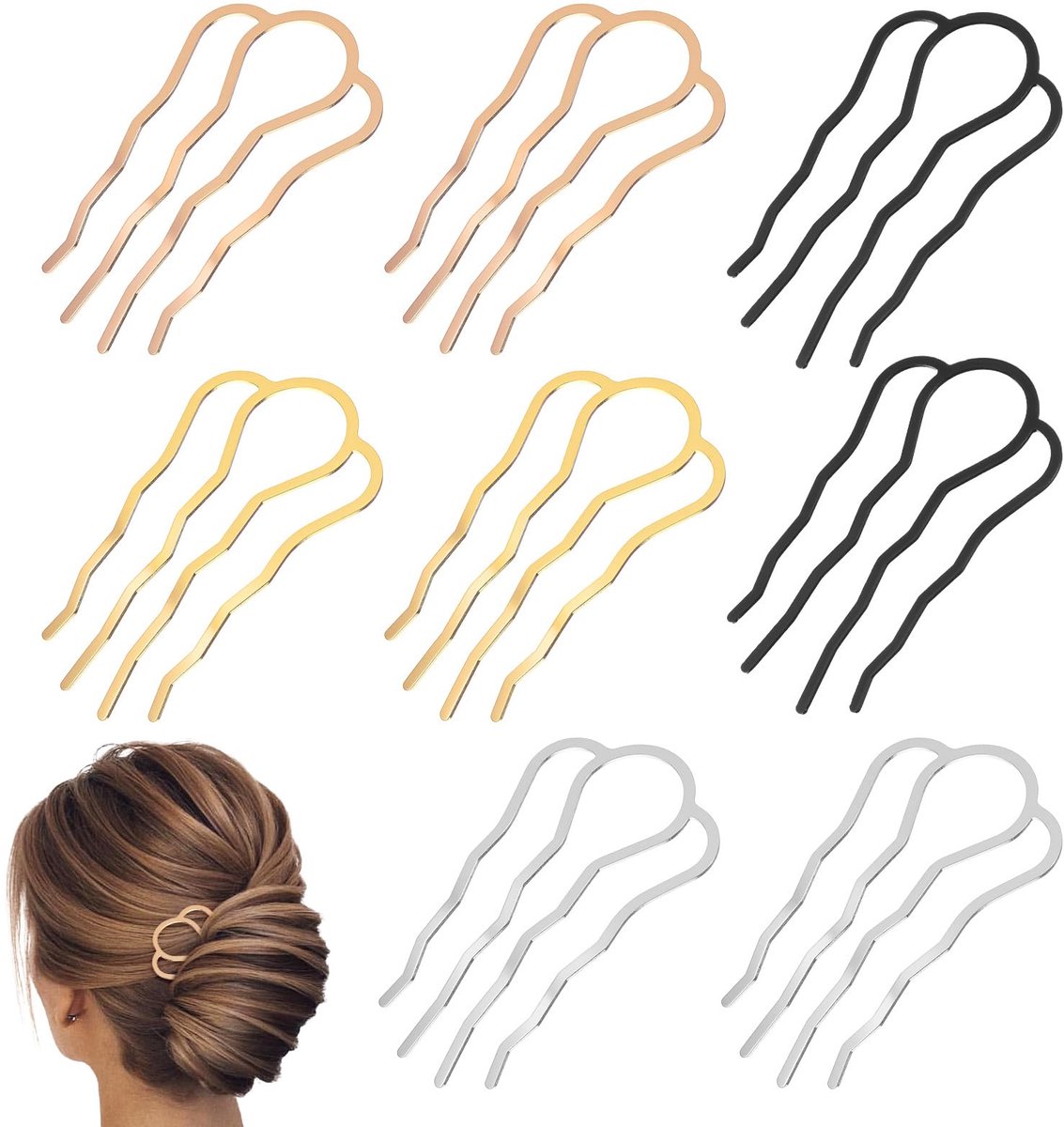 6 stuks U-vormige metalen haarvorken voor opgestoken kapsels, knots, Franse twists, antislip haaraccessoires voor vrouwen en meisjes, voor dik fijn haar, bruiloft, dagelijks gebruik, elegante