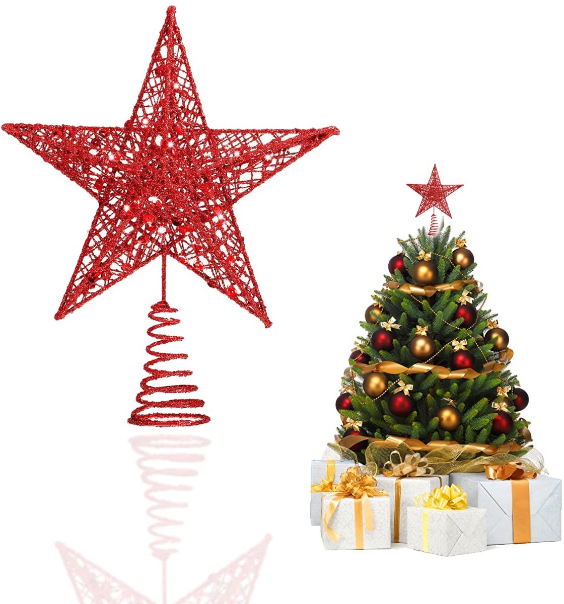 Kerstboomstertopper, ster boompiek, ster voor kerstboompiek, glinsterende ster van metaal, glinsterende boompiek, glinsterende boomtopster, voor kerstfeest, 20 cm, rood