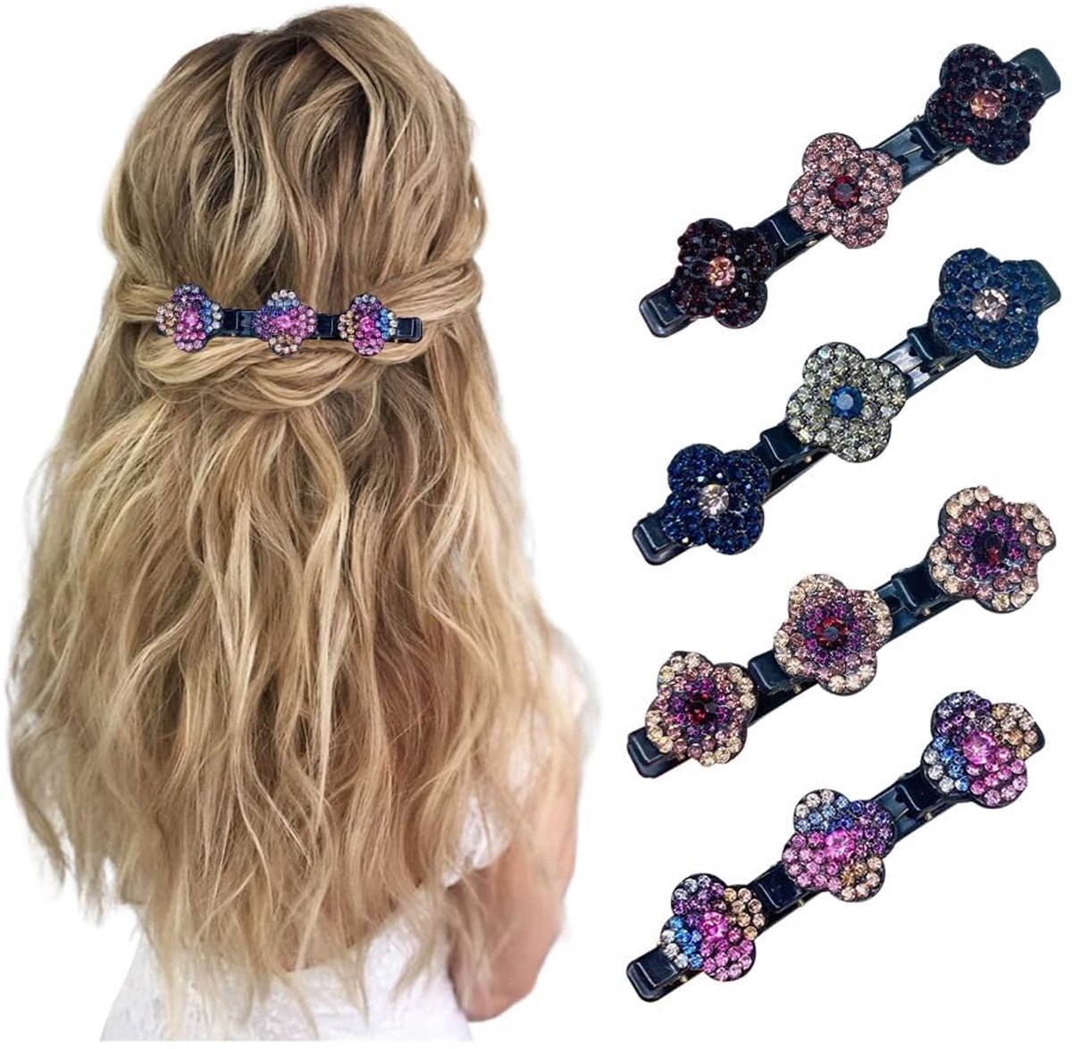 4 Stuks Haarspelden met Fonkelende Kristallen Stenen - Dubbellaagse Spelden voor Vrouwen en Meisjes, Gevlochten met 3 Mini-Strass Accenten