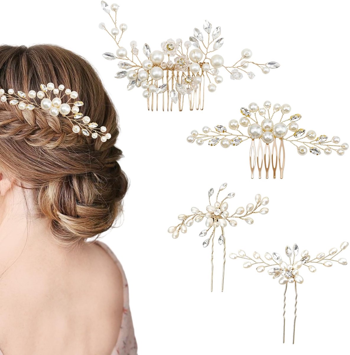 Haarkam voor bruiloft, 4 stuks, hoofdtooi, bruiloft, kunstparels en strass, bruid, haaraccessoires, gouden haaraccessoires, prachtig en duurzaam, voor bruiloften, ceremonies, banketten