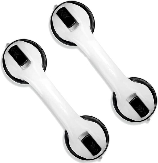 Twee witte handgrepen met zwarte zuignappen en een zwart klikmechanisme.