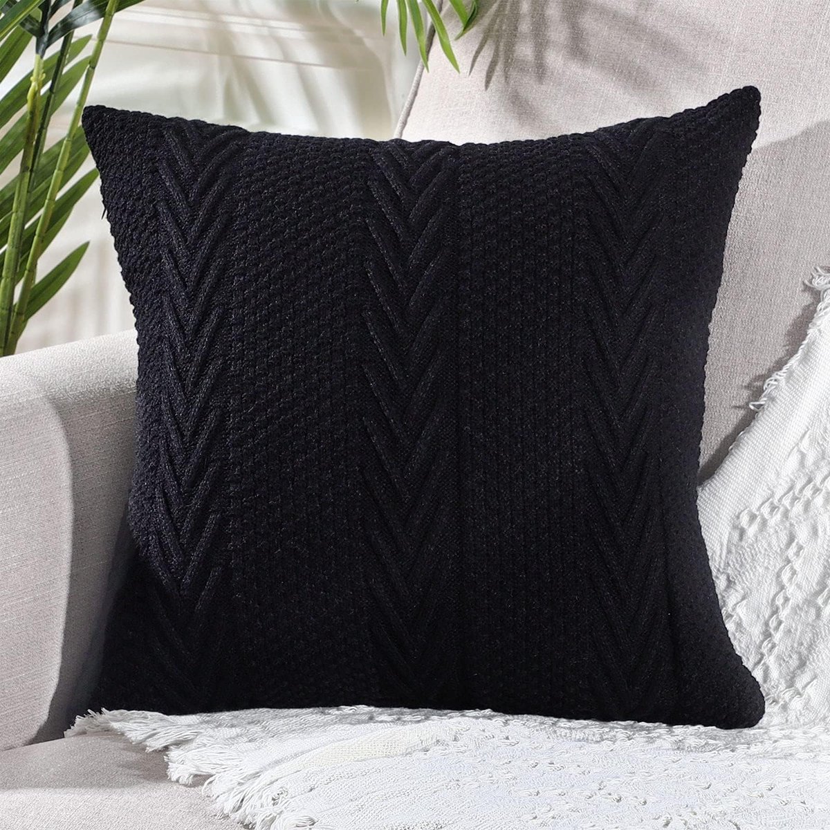Katoenen Gebreide Decoratieve Vierkante Zwarte Kussenslopen 45 cm x 45 cm / 18 x 18 inch Luxe Moderne Kussenslopen voor Bank, Slaapbank, Woonkamer