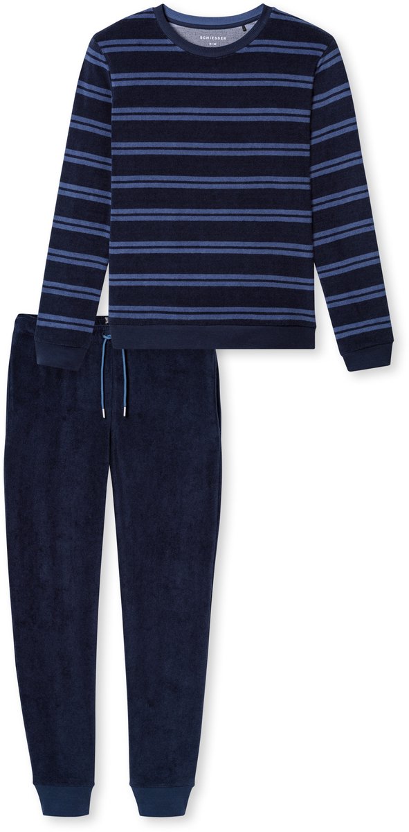 Schiesser Casual Nightwear lange pyjama van frottee met manchetten met streepjes - deepseablue dessin deep sea blue