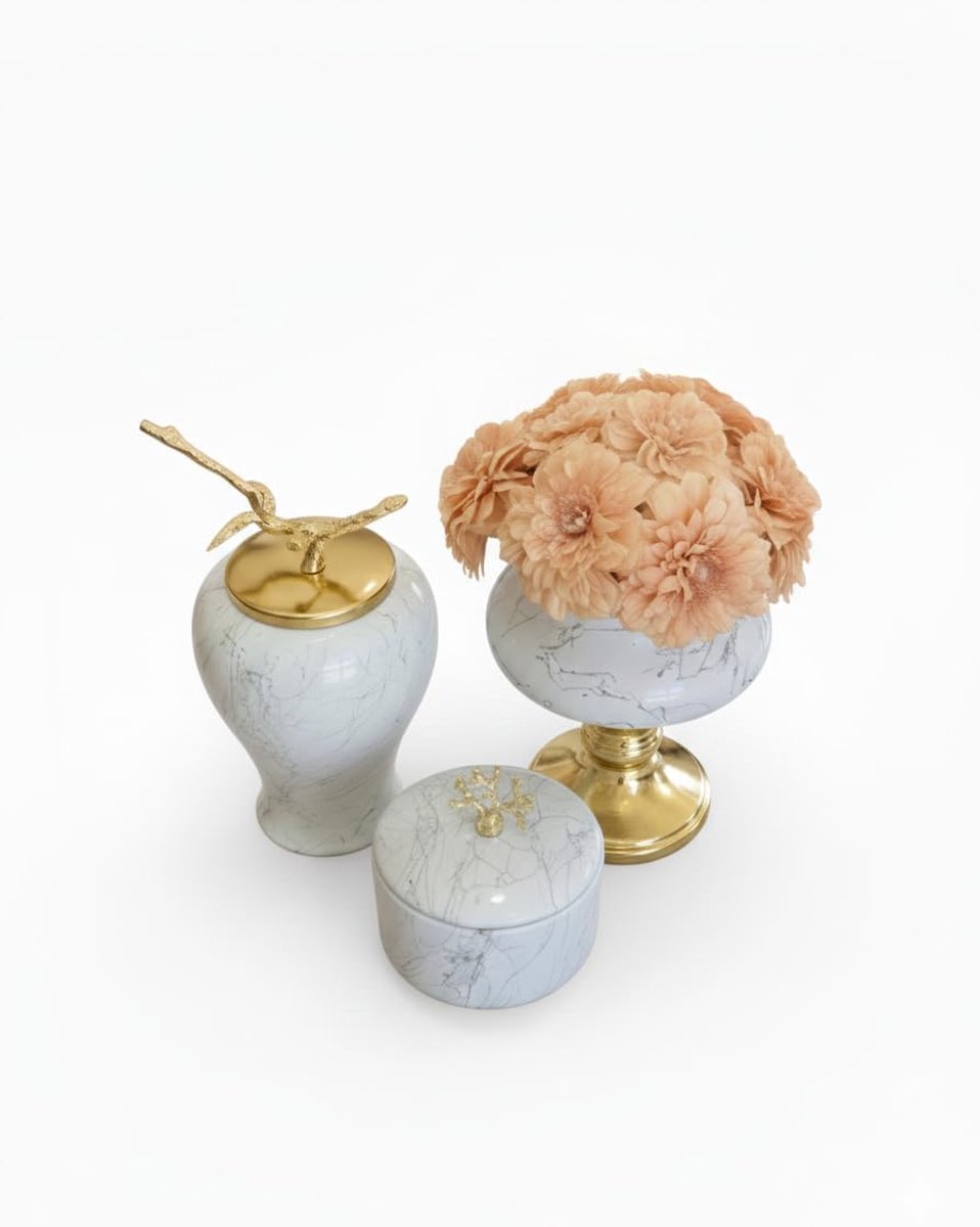 vaasset met gouden accenten, wit marmeren afwerking, 3-delige collectie, gemberpot met vogeldeksel, ronde doos, urn vaas
