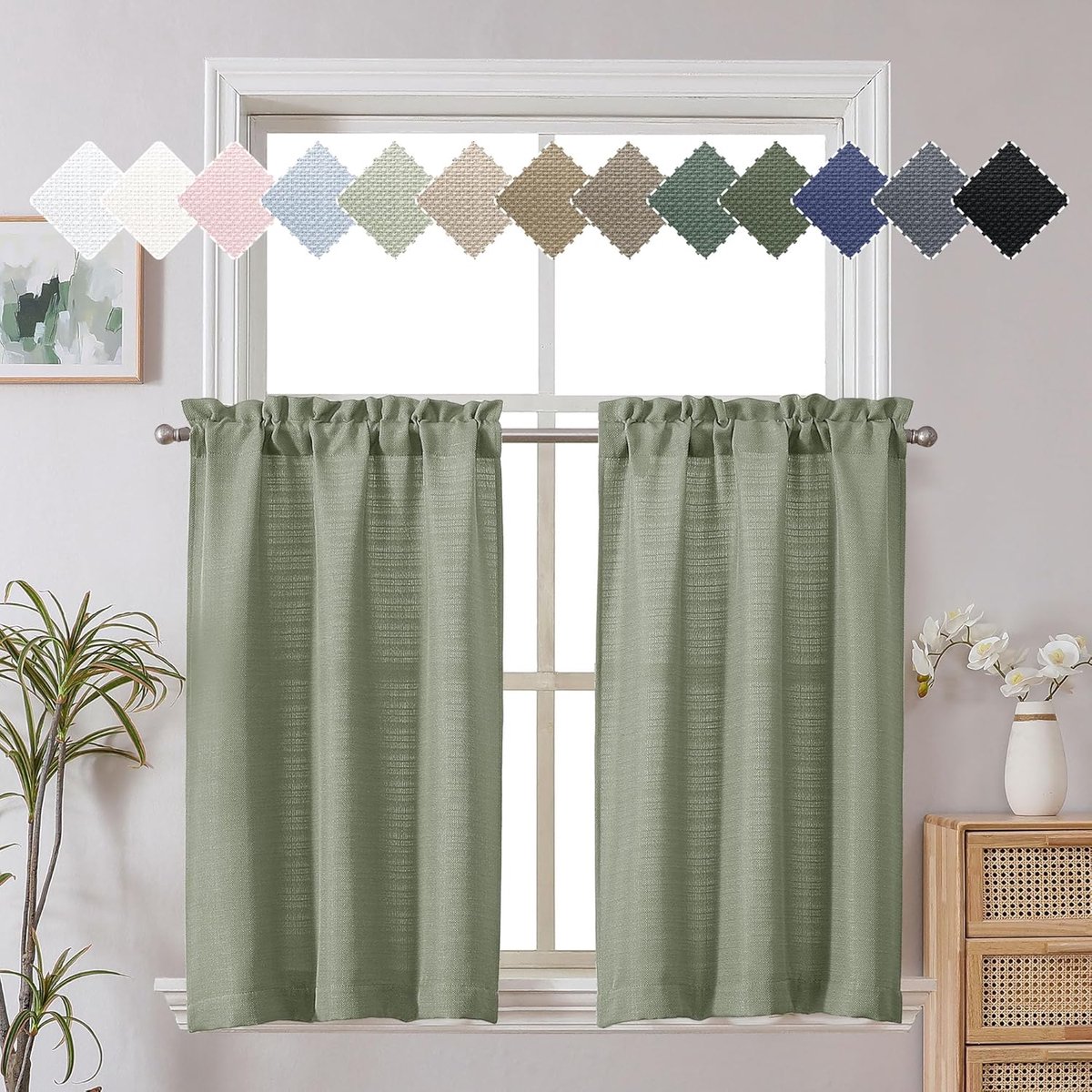 Licht saliegroene gordijnen 76 cm lengte, faux linnen getextureerde kleine cafégordijnen, lichtfilterende korte gordijnen voor slaapkamergor