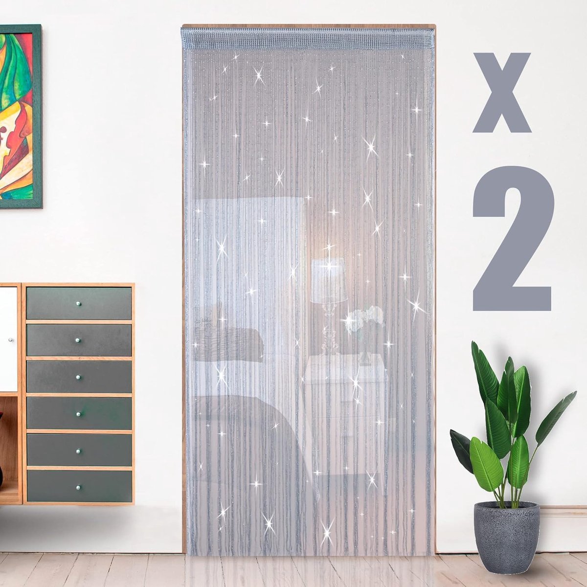 Draadgordijn met sterren, zilverkleurig, 100 x 200 cm, set van 2 panelen, ruimteverdeler voor deur/raam, decoratief, op maat te snijden, insectenbescherming, glinsterend