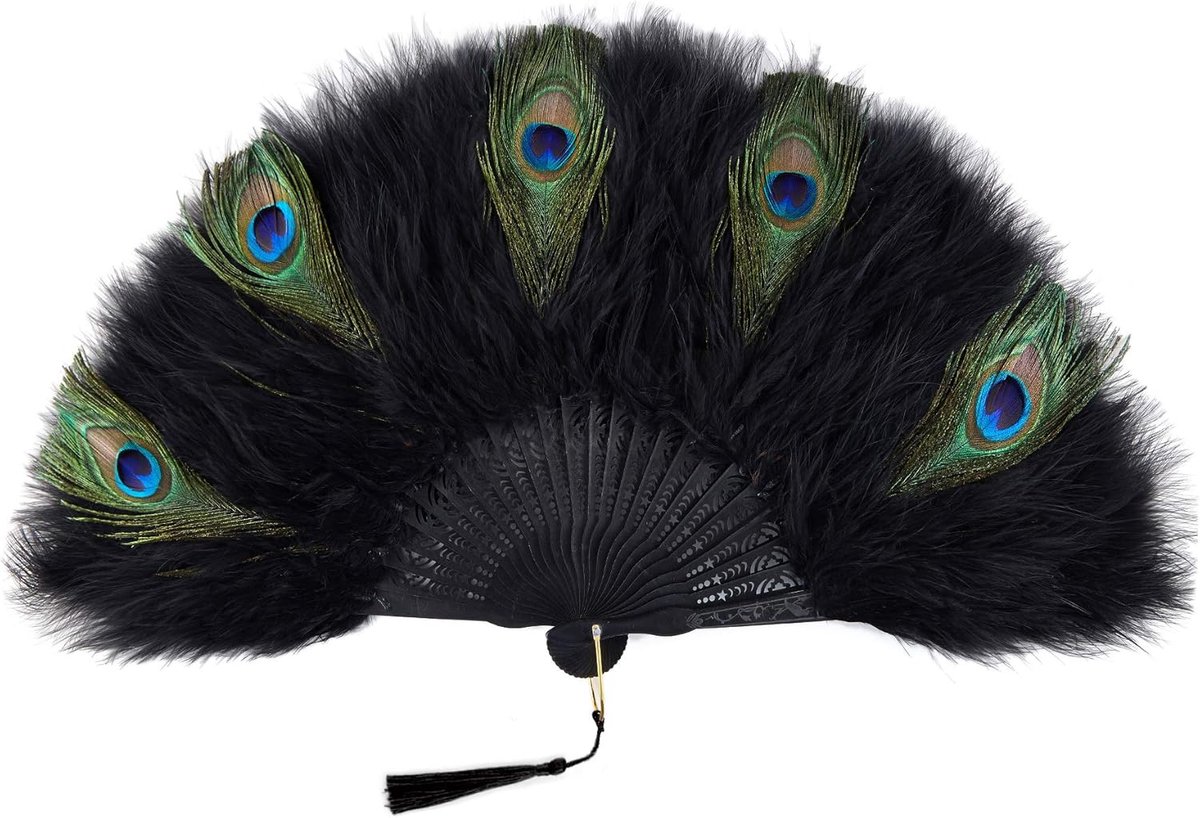 Waaier voor dames, marabouveer, jaren '20, vintage stijl, retro, handwaaier voor dames, Gatsby-kostuum, flapper-accessoires (zwarte handgreep, zwart met pauwenveren)
