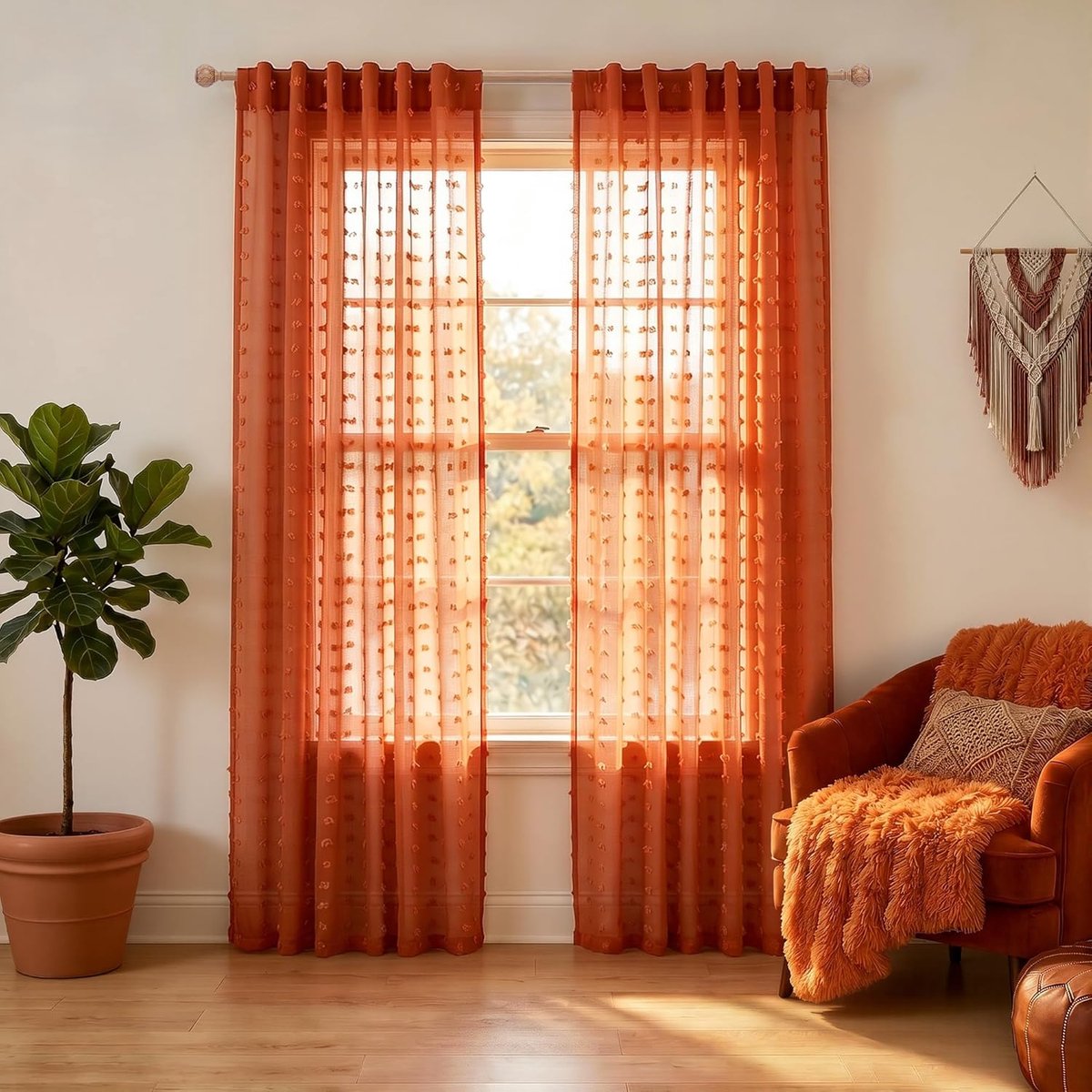 Roestkleurige gordijnen, 213 cm lang, voor woonkamer, boho-stijl, doorschijnende oranje (Burnt Orange) gordijnen, set van 2 panelen voor sla