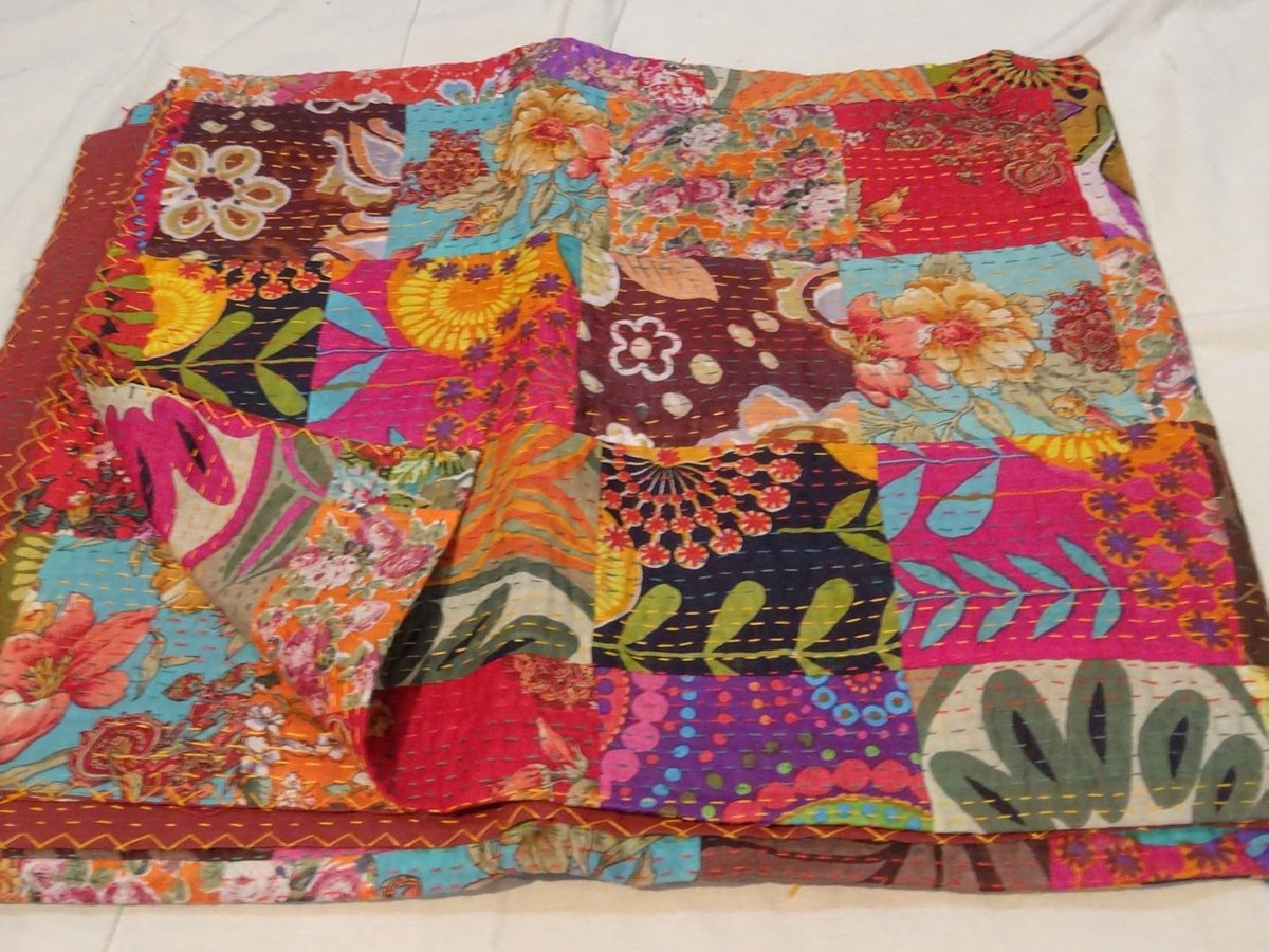 Zuiver Katoen Sprei Queen Size Kantha Stitch Quilt Indiase Bedsprei Omkeerbare Plaid 25