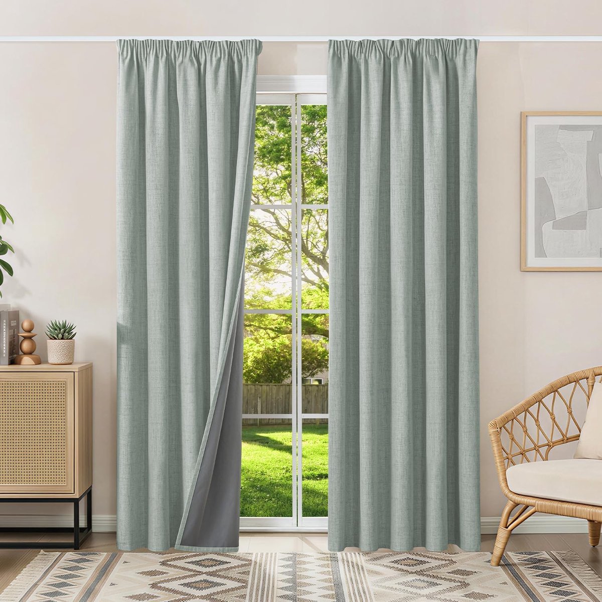 100% verduisteringsgordijnen, thermische gordijnen, koudebescherming, gordijnen met plooiband, 200 x 160 cm (h x b), set van 2, linnenlook, gordijnen, ondoorzichtig, saliegroen