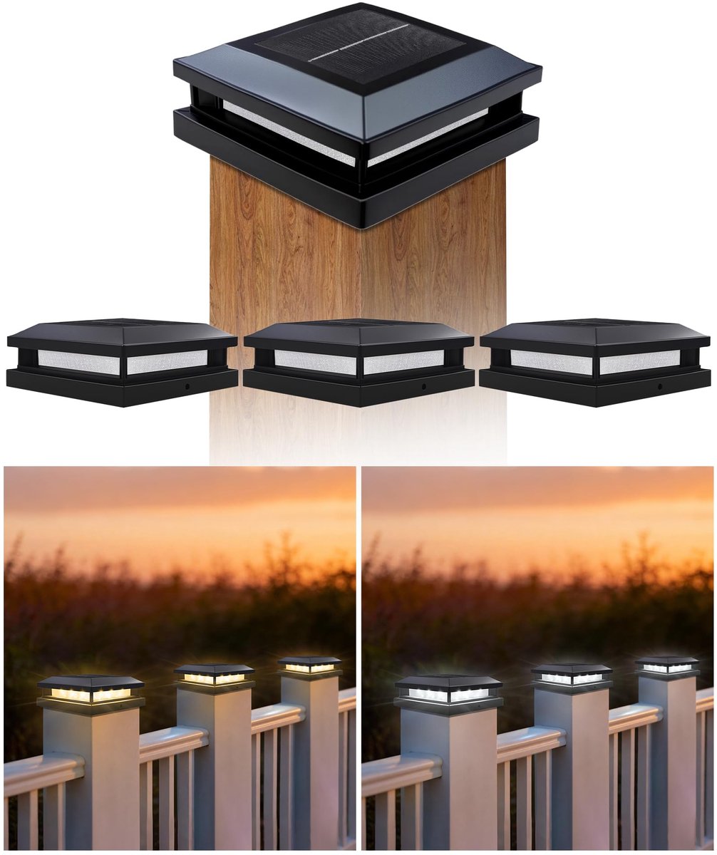 Solar Paalkap 9x9 / 10x10 / 12x12 cm | 2-in-1 3000K/6000K Verwisselbaar | IP65 Waterdicht | Paalverlichting voor Hout & Kunststof | Brandtijd 8-12u | Set van 4 voor Tuin, Schutting, Terras