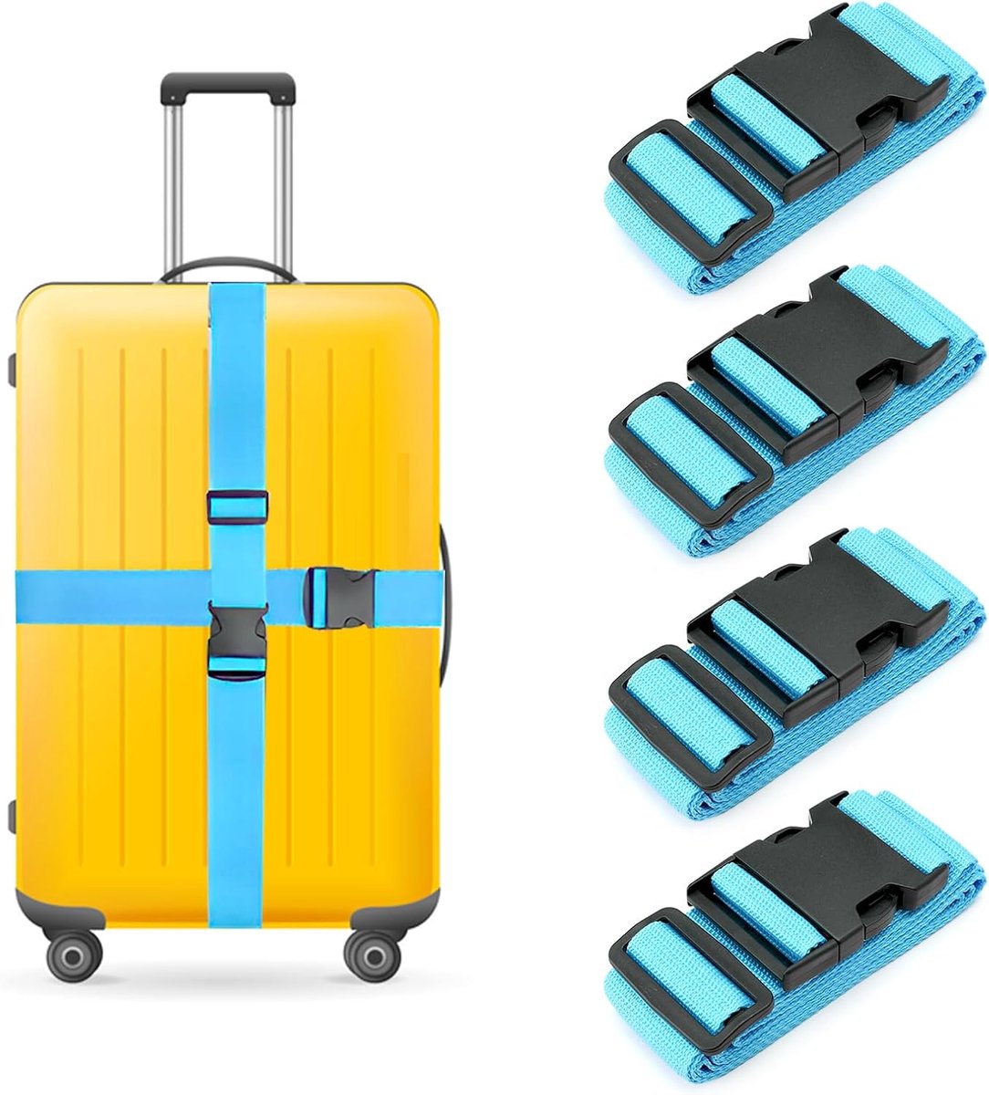 Set van 4 kofferriemen, verstelbare kofferband met adreslabel, kofferriem, bagageband, veilig reizen, koffer, kofferbanden, bagageriemen, kruis, veiligheidsgordel, bagageriem (blauw)