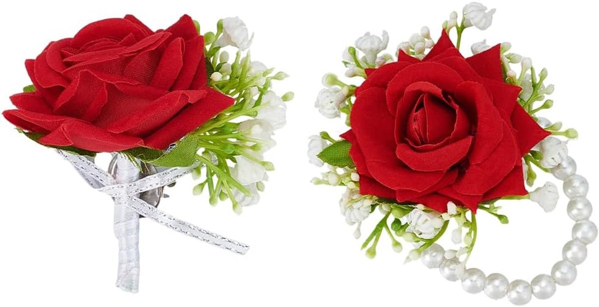 2-delige set witte roos korsage en reversknop met parel armband, kunstmatige korsage broche voor bruid, bruidegom, bruidsmeisje, 2 Sizes, doek