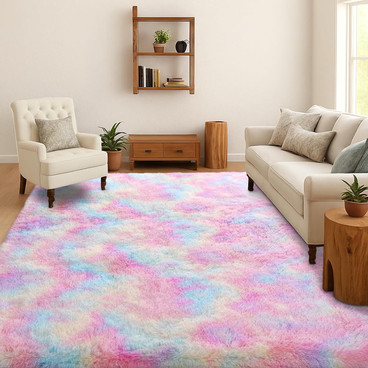 Tapijt, Wasbaar Antislip & Pluche, Tie-Dye Langpolig Shaggy Vloerkleed voor Slaapkamer & Kinderkamer, Bedkleed Mat, 140x200 cm, Bloos Regenboog